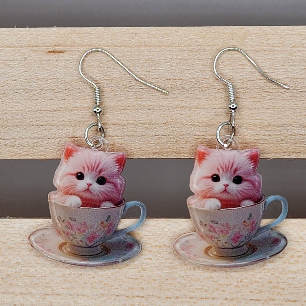Pink Cat in Floral Teacup Acrylic Earrings